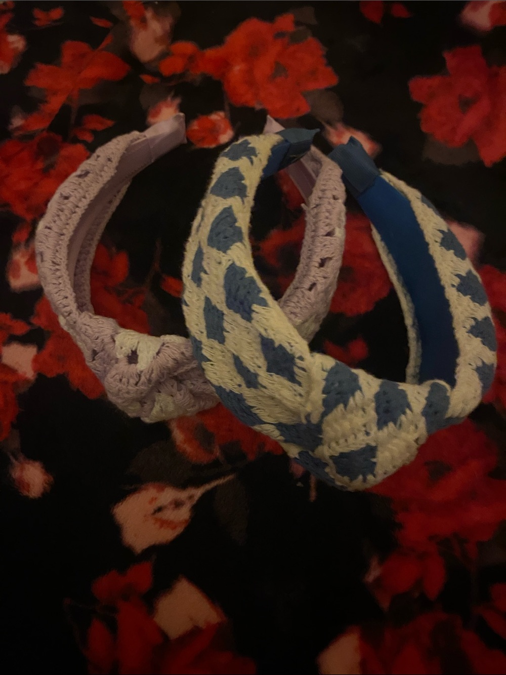 Anthropologie Crochet Daisy & Check Headbands in Lilac, White and Navy